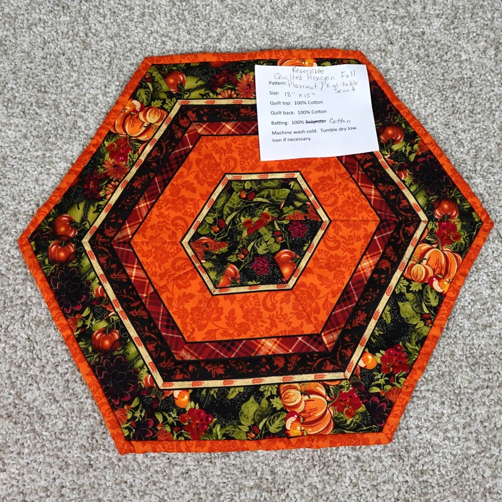 Handmade Reversible Quilted Hexagon Fall Placemat End Table Scarf Orange Pumpkin